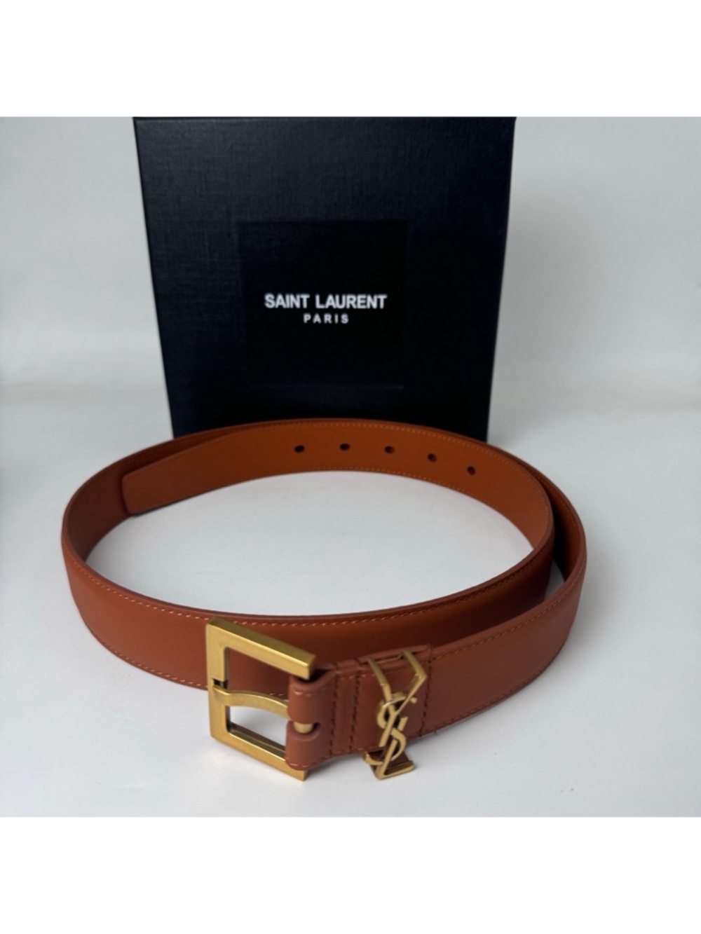 Saint Laurent Tan Leather Belt with Gold YSL Charm